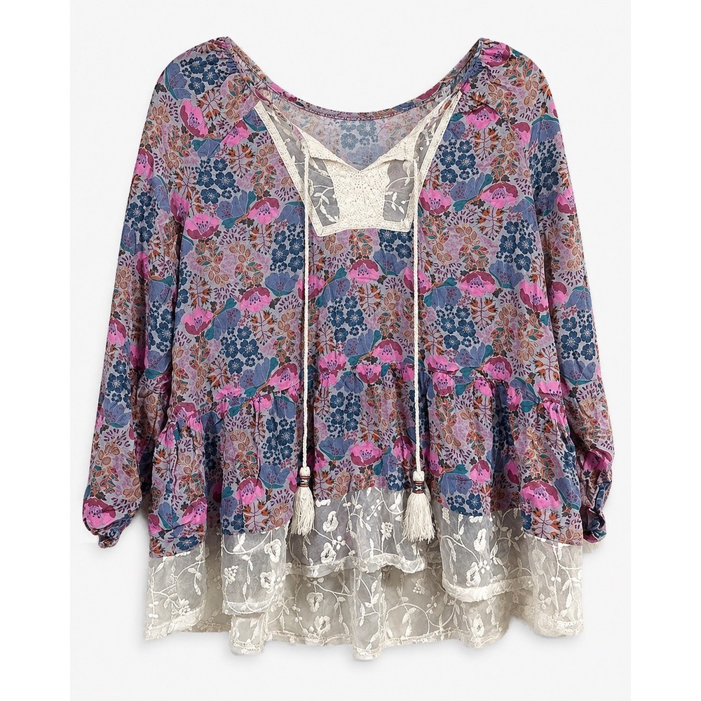 Matilda Jane Women Purple Floral Boho Lace Hem Tassel Tie Blouse Top Size 2